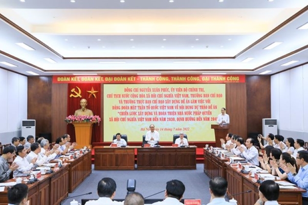 Chủ tịch nước Nguyễn Xuân Phúc làm việc với Đảng Đoàn MTTQ Việt Nam về xây dựng Nhà nước pháp quyền. Ảnh: Q.Vinh
