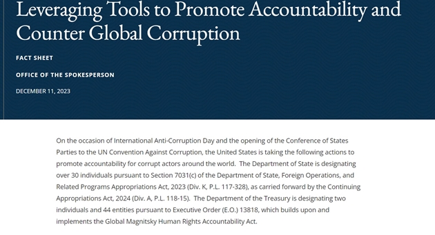 Tuyên bố của Bộ Ngoại giao Mỹ về các hành động nhằm thúc đẩy trách nhiệm giải trình đối với những kẻ tham nhũng trên toàn thế giới. Nguồn: U.S. Department of State